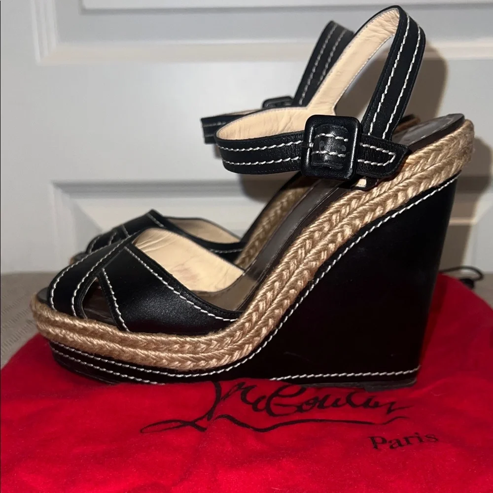 Christian Louboutin Black and Natural Espadrille Wedge Sandals